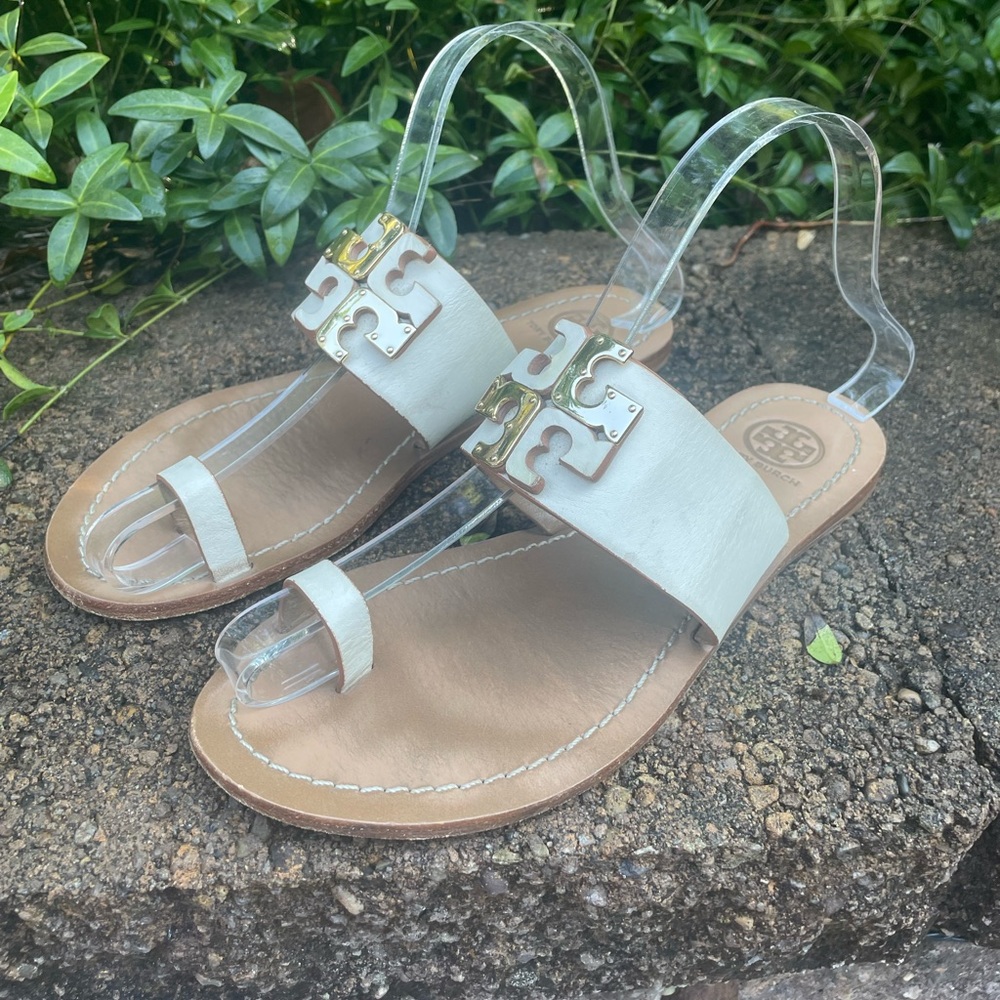 TORY BURCH Marcia Leather Toe Ring Slides Sandals Ivory Gold Size 5.5 - Picture 1 of 13